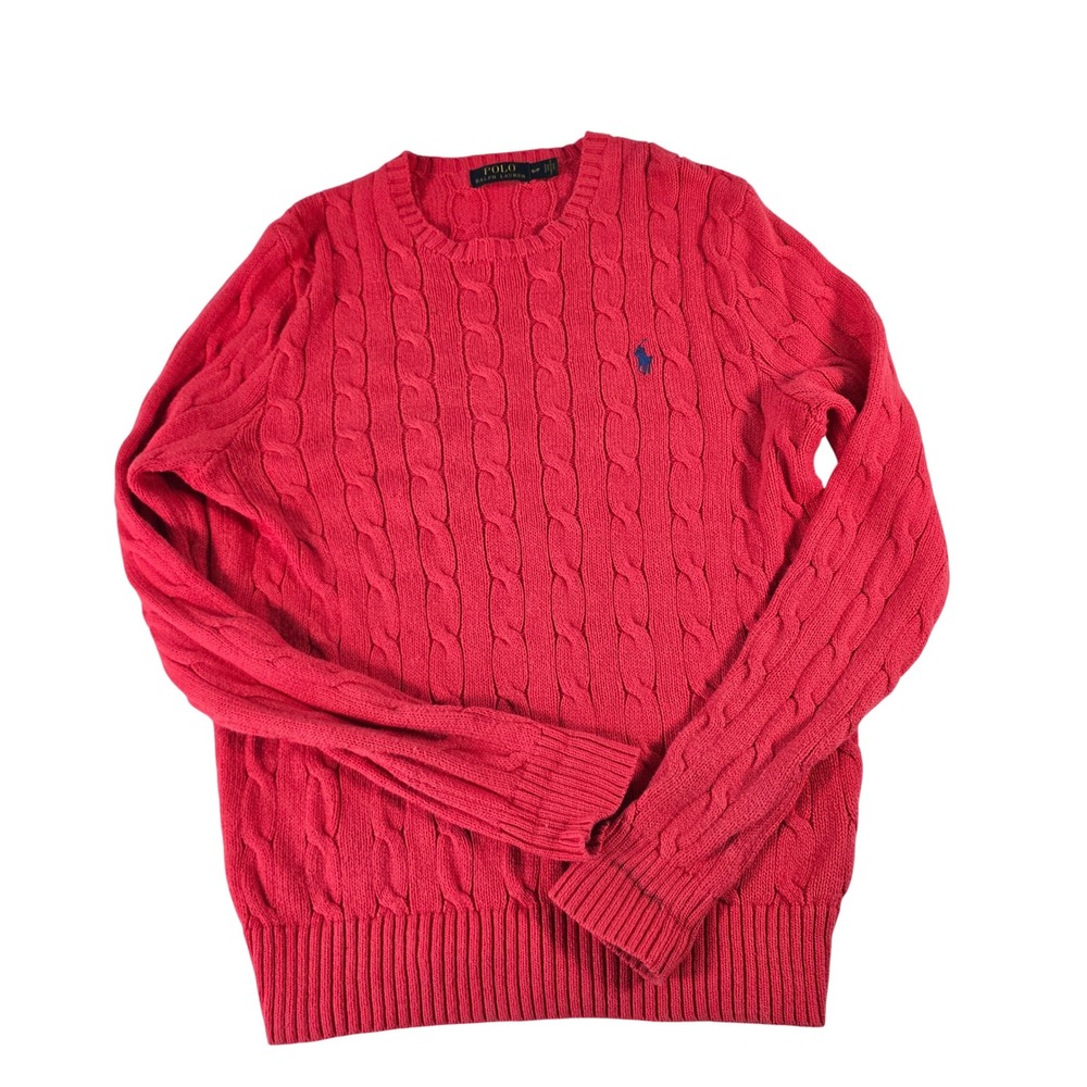 Polo Ralph Lauren Women Pink Cable Knit Cotton Sweater Small Pony Logo Crew Neck